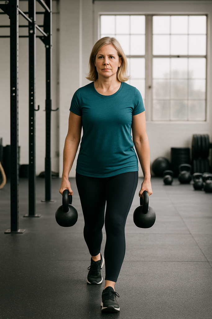 Mujer de 45 años haciendo un farmer's carry con kettlebells, entrenamiento de fuerza para mujeres